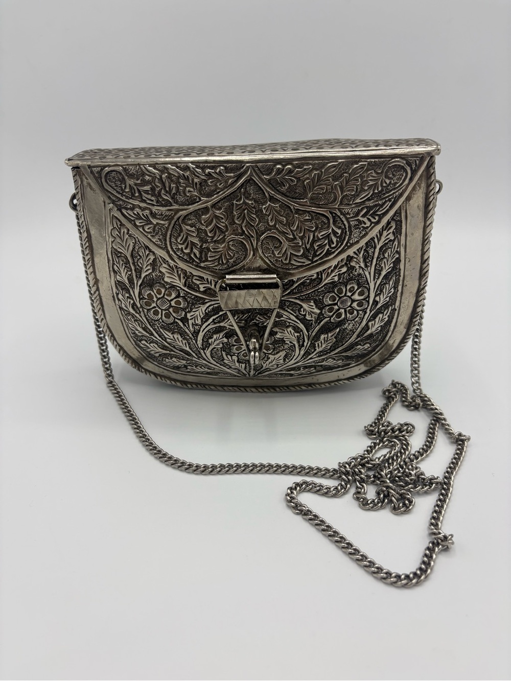 Vintage Brass Metal Crossbody Purse Embossed Floral Design Bridal Clutch